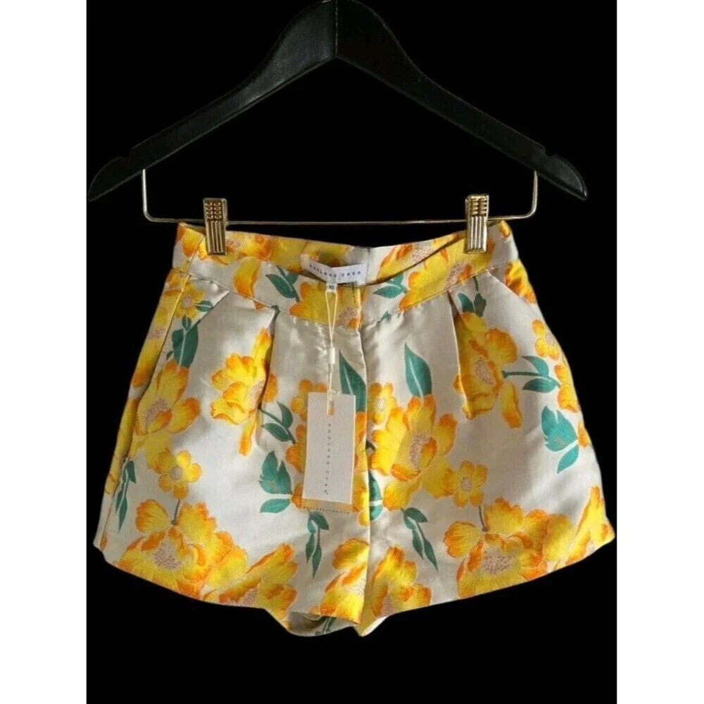 Endless Rose Satin Floral Brocade Shorts Size XS Cream Yellow Lined NWT